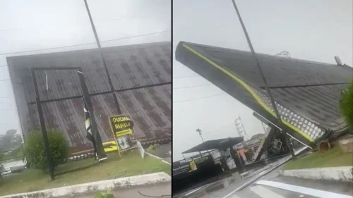 Ventos fortes derrubam cobertura de posto em São João de Meriti durante temporal
