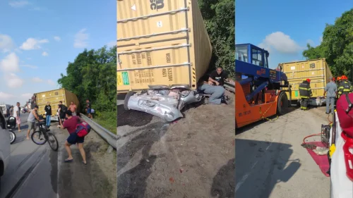Caminhão tomba e esmaga carro com três pessoas