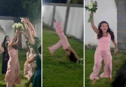 Vídeo de empresária dando piruetas após pegar buquê em casamento viraliza