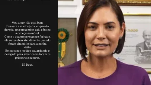Michelle Bolsonaro relata que ex-presidente teve crise e bateu a cabeça